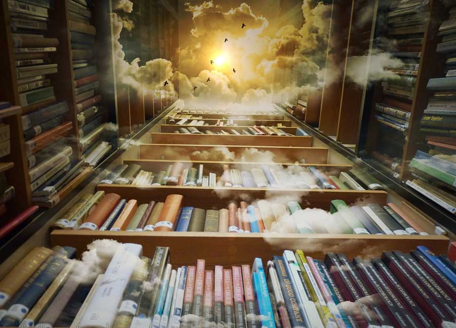 A shelf of books leading up to a cloudy sky and sun above.