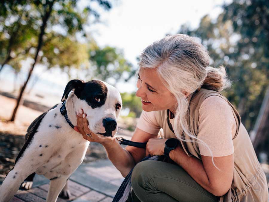 Woman with grey hair with her hand placed under the chin of her dog.