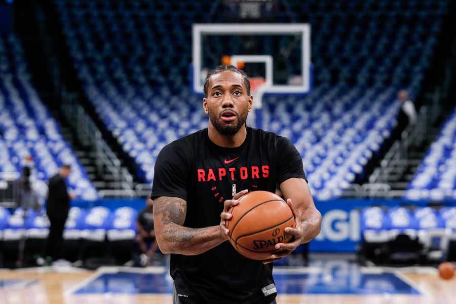 Kawhi Leonard #2 of the Toronto Raptors warms up before facing the Orlando Magic in Game Four of the first round of the 2019 NBA Eastern Conference Playoffs at the Amway Center.