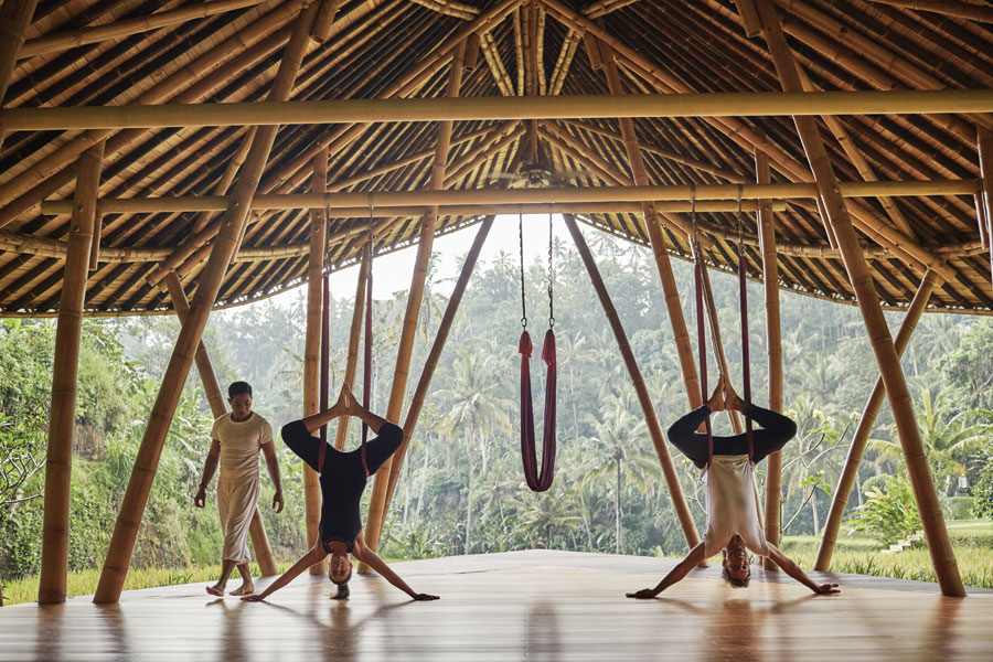 People hanging upside down in a bamboo hut doing yoga.