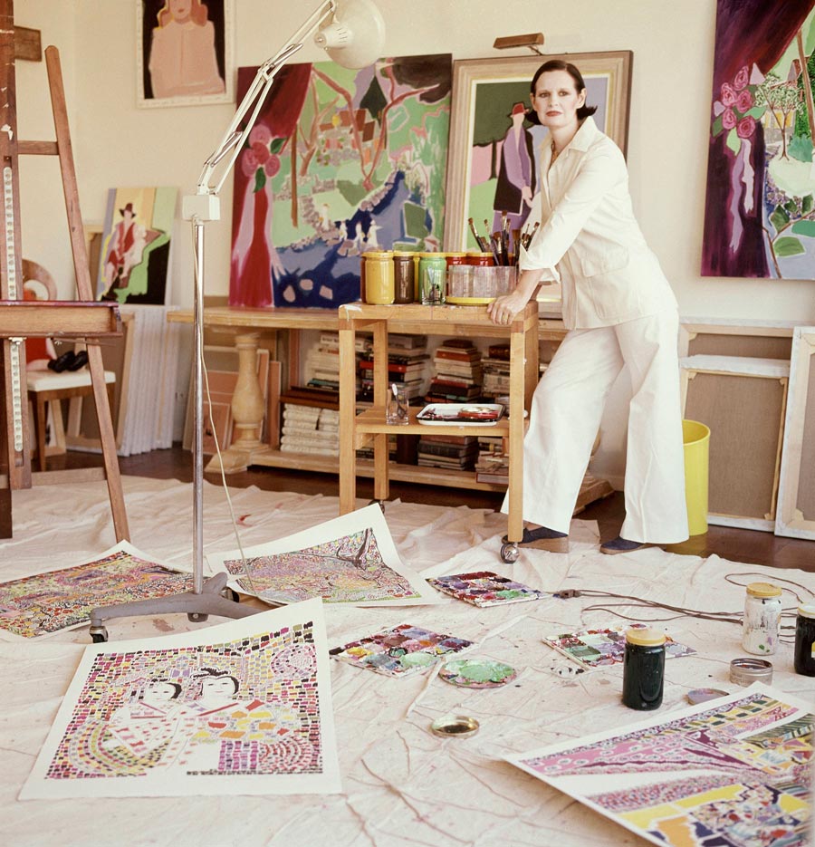Vogue 1975 Gloria Vanderbilt in her studio with pantings on the walls and floor. (Photo by Horst P. Horst/Conde Nast via Getty Images)
