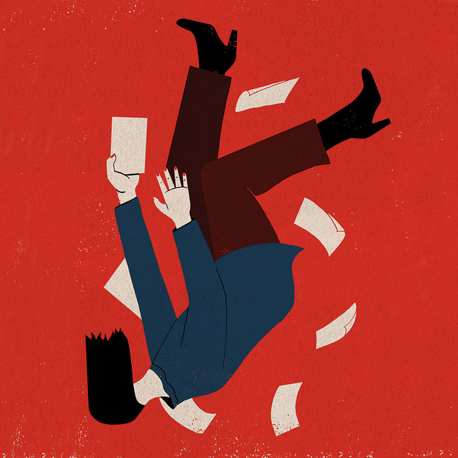 An illustration of a woman falling with papers flying everywhere.