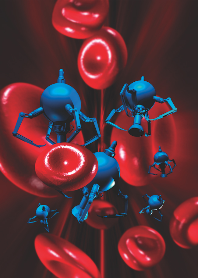 An image of what medical nanorobot would look like delivering medicine to specific areas inside the body.