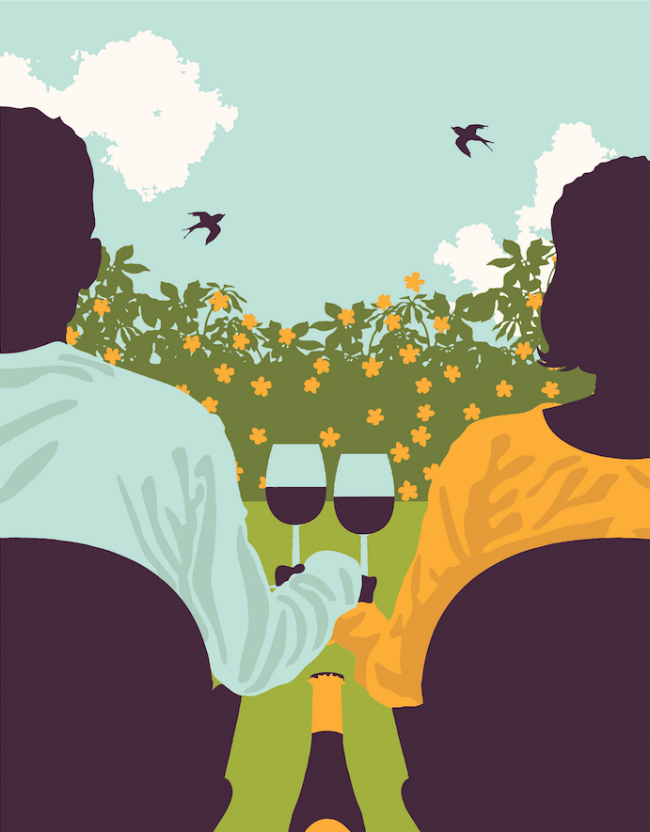 An illustration of a couple sitting outside drinking wine.