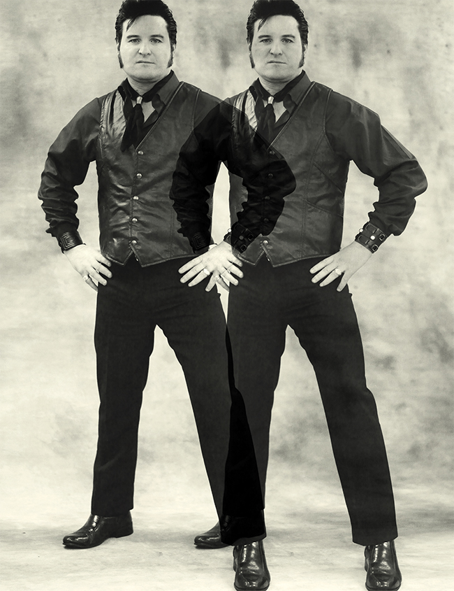 A photo of Shawn Barry from Ottawa posing as Elvis, mimicking the style of Andy Warhol.