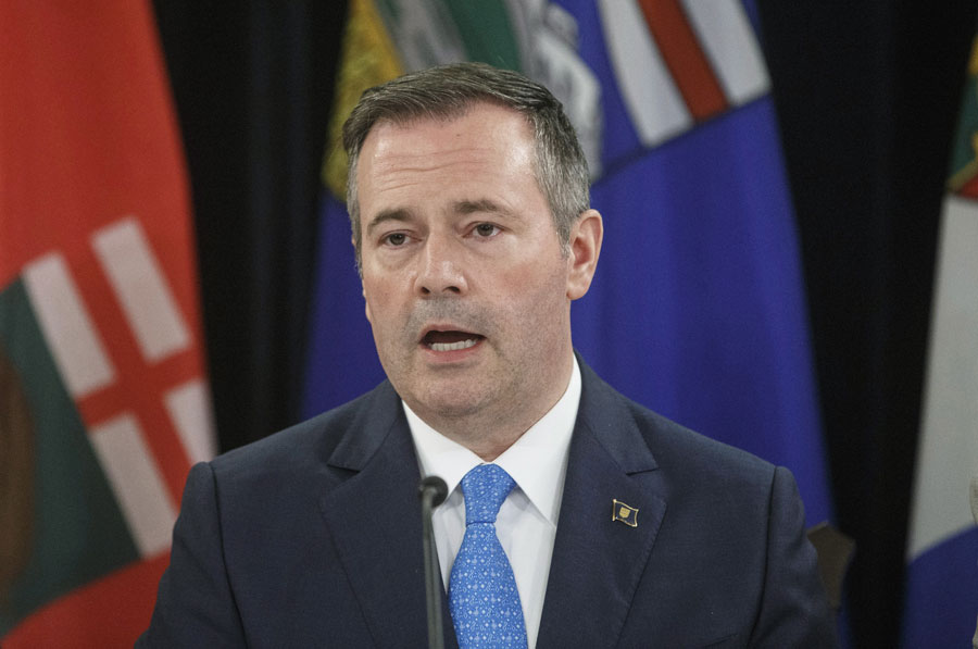 Premier of Alberta Jason Kenney speaks to media during the Western Premiers&#039; conference in Edmonton on June 27, 2019.