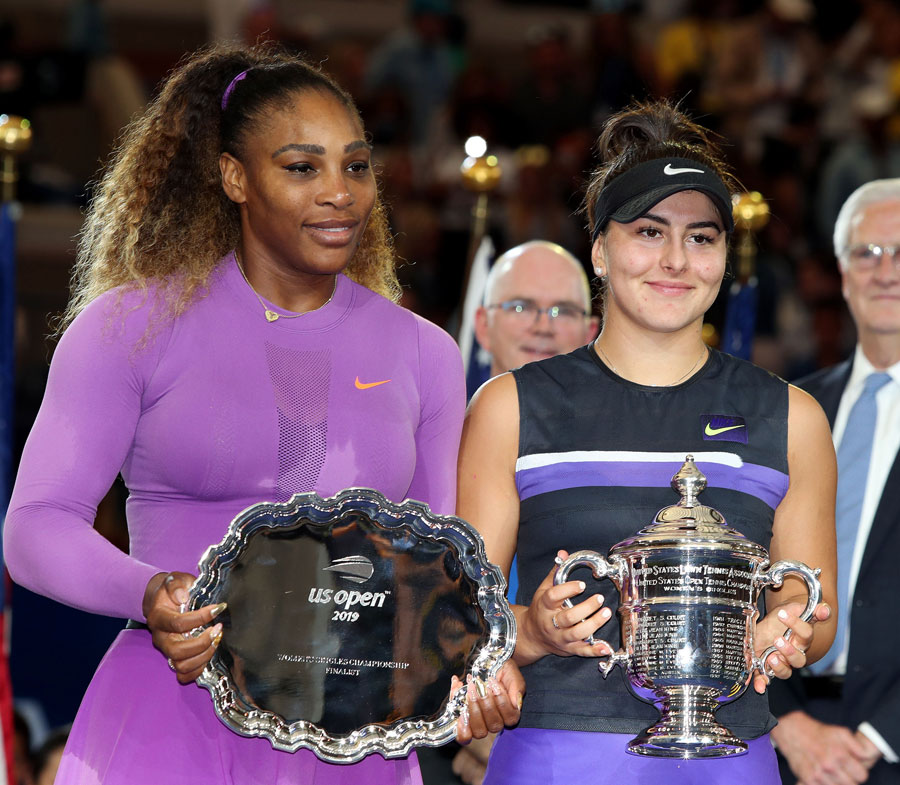 Serena Williams of the United States and Bianca Andreescu of Canada during the Women's Final US Open on September 7, 2019 in New York City.