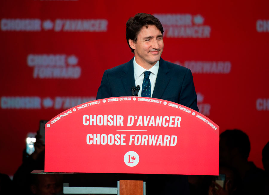 Prime minister Justin Trudeau delivers his victory speech at the Palais des Congres in Montreal.Photo: Sebastien St-Jean/AFP via Getty Images