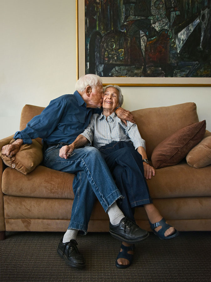 Morrie plants a kiss on Betty's cheek during their shoot for "Aging Gracefully." Photo by Karsten Thormaehlen.