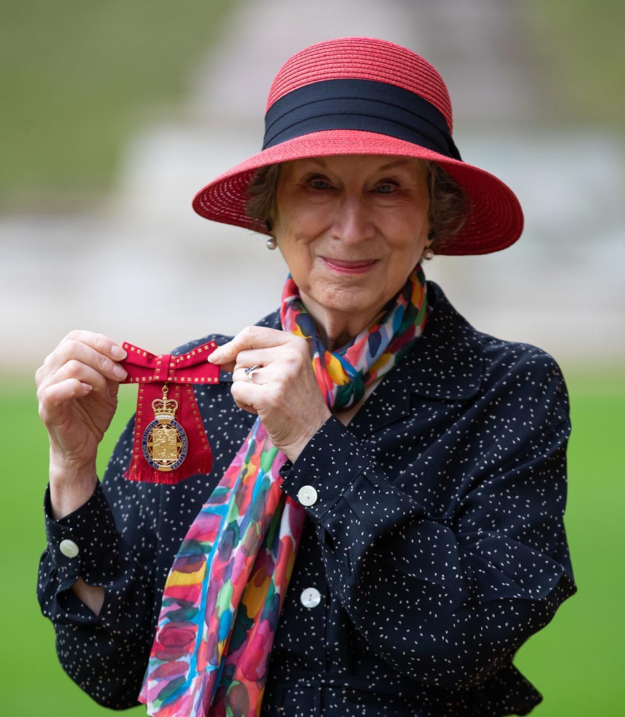 Margaret Atwood poses with her award after she was made a Companion of Honour by Queen Elizabeth II following an investiture ceremony at Buckingham Palace on October 25, 2019 in London, England. (Photo by Aaron Chown - WPA Pool/Getty Images)