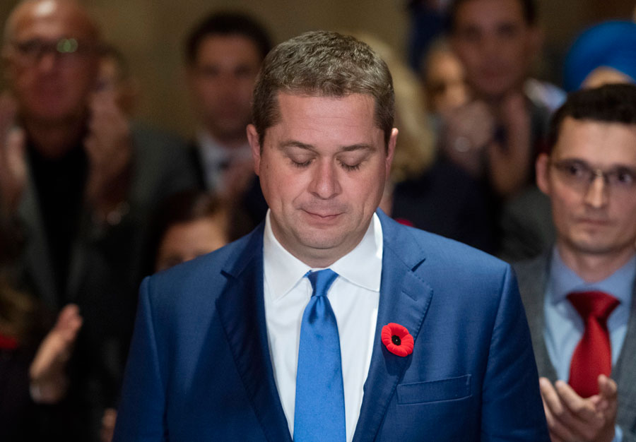 Conservative leader Andrew Scheer speaks to reporters following a caucus meeting on Parliament Hill in Ottawa, on Wednesday, Nov. 6, 2019.