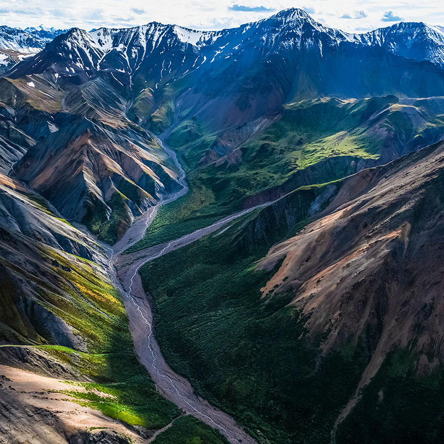 The mountains of Kluane National Park and Reserve seen from an aerial perspective.