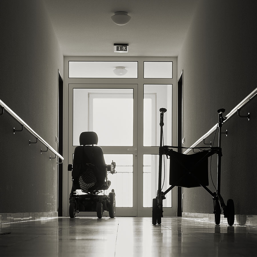 Lonely corridor of a nursing home amidst the COVID-19 pandemic.