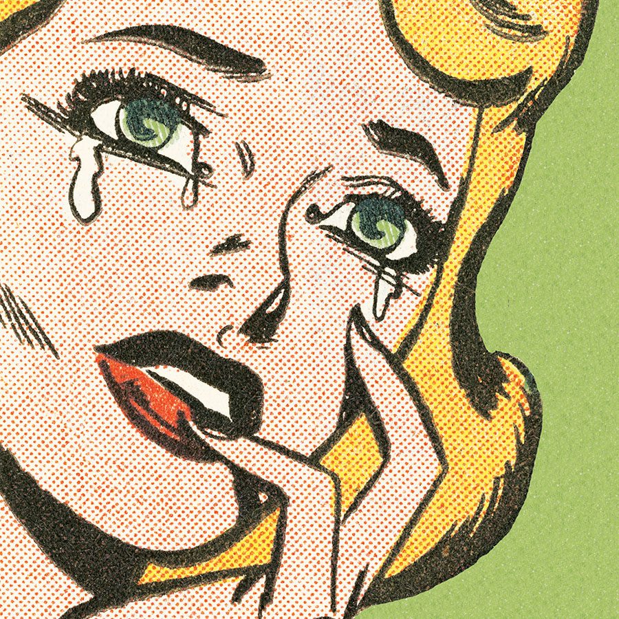 Blond woman crying in pop art style.