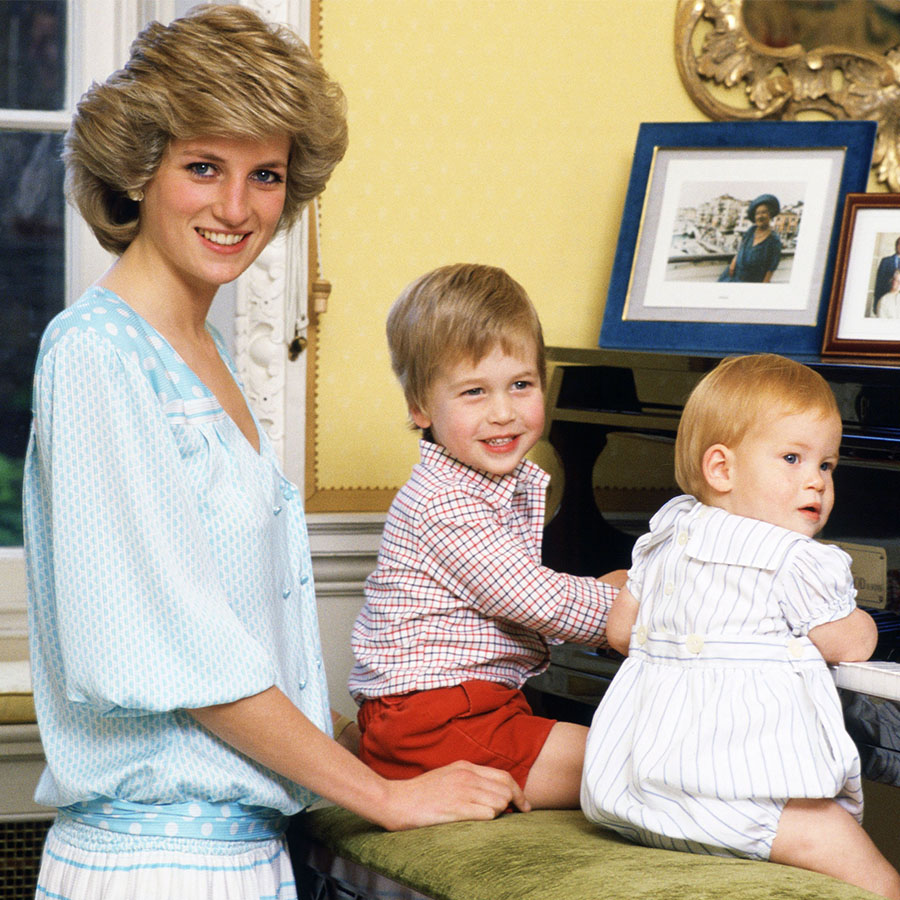 Diana, Princess of Wales with her sons, Prince William and Prince Harry, at the piano in Kensington Palace