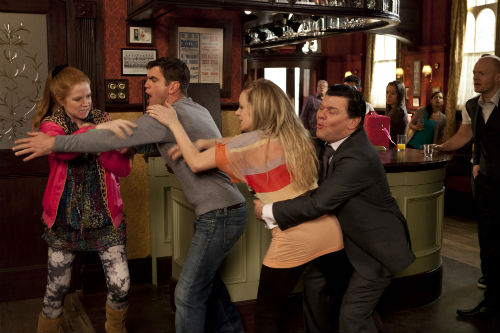 EastEnders Weekender Apr. 4: Bianca Butcher (PATSY PALMER), Jack Branning (SCOTT MASLEN), Roxy Mitchell (RITA SIMONS), Derek Branning (JAMIE FOREMAN) Photo: Colin Hutton ©BBC 2012 EastEnders Weekender Apr. 4: Bianca Butcher (PATSY PALMER), Jack Branning (SCOTT MASLEN), Roxy Mitchell (RITA SIMONS), Derek Branning (JAMIE FOREMAN) Photo: Colin Hutton ©BBC 2012