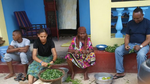 A black, female Volunteer sits with her host family on the porch