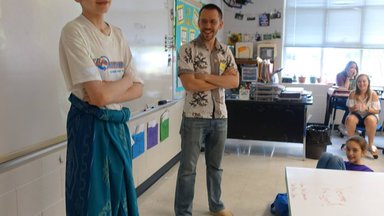 One of the students wearing the sarong Evan brought from Madura, East Java
