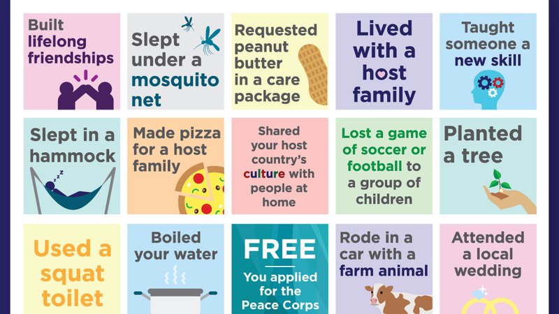 A Peace Corps themed bingo card, blue in color