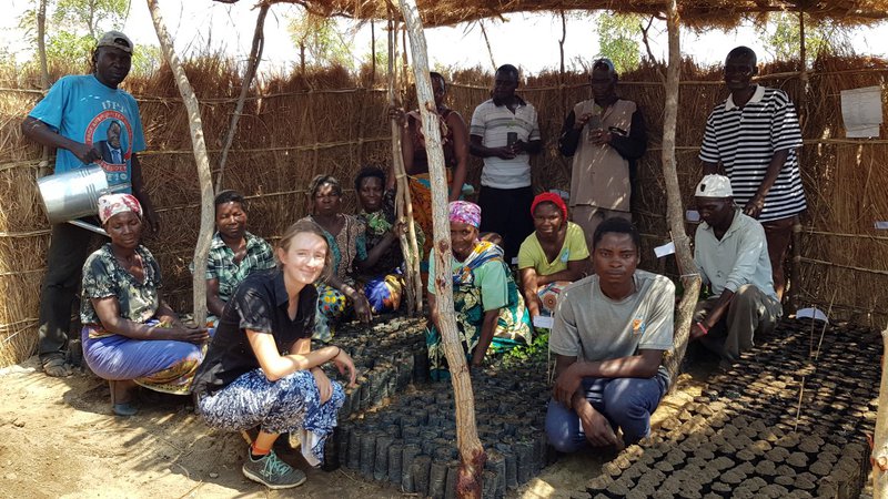 Ashley and Malawian counterparts huddle around rows of plant seedlings in their tree nursery