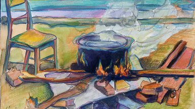 A watercolor painting of a colorful fire with a pot of boiling nsima balanced across 3 stones