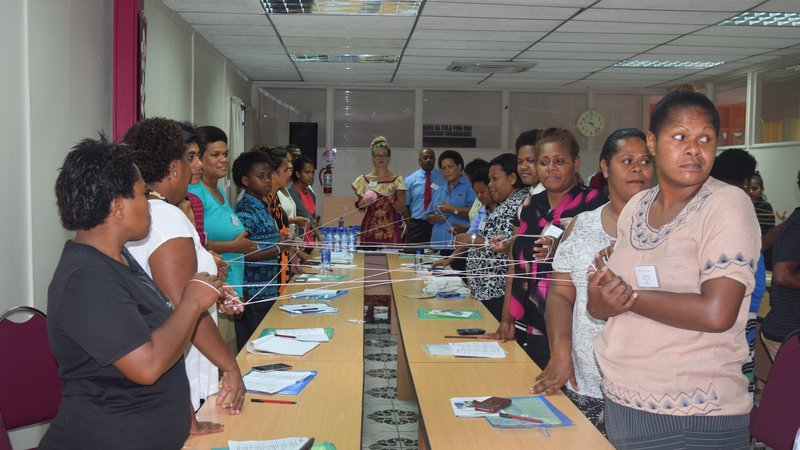 Group of women standing with yarn intertwined between all of them for an activity.