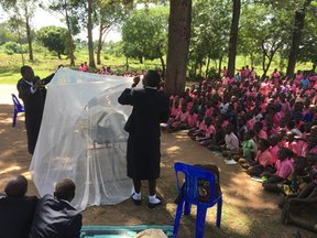 Pupils at school demonstrating how to effectively use a mosquito net