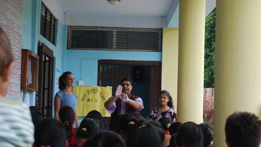 Doing a handwashing demonstration with Jhabindra