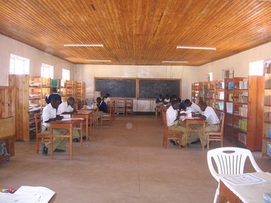 Children reading in the library in Tanzania