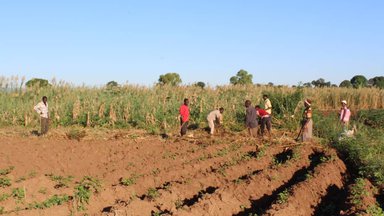 Farmers work on their rural ridged farms in the countryside