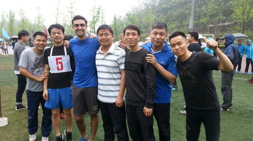 My colleagues and I preparing for our relay race