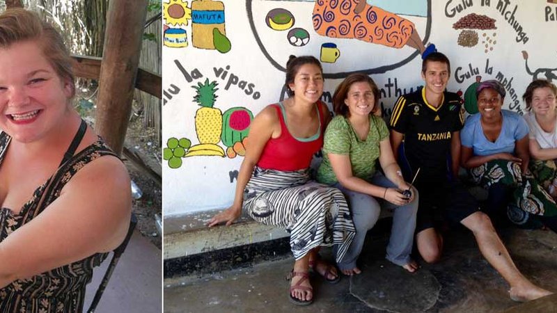 Two Photos: First photo is Cameron sitting in a chair and smiling. Second photo is Cameron sitting with other PCVs in front of a colorful mural.