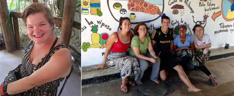 Two Photos: First photo is Cameron sitting in a chair and smiling. Second photo is Cameron sitting with other PCVs in front of a colorful mural.