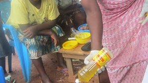 Mixing home ingredients to make organic pest repellents.