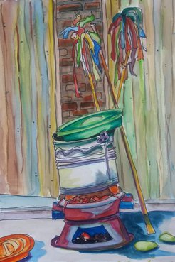 Random items stacked in a colorful watercolor composition