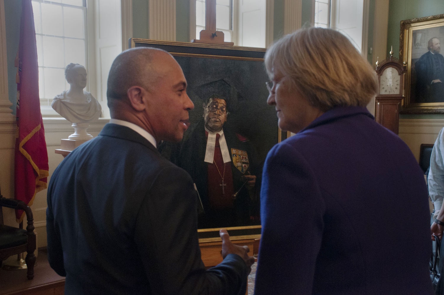 Gov. Deval Patrick, President Faust at Gomes portrait unveiling. Gov. Deval Patrick, President Faust at Gomes portrait unveiling.